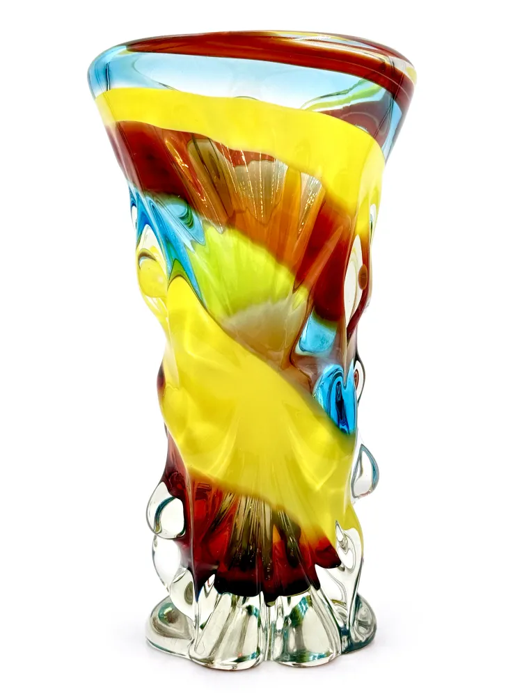 Vase en verre d'art Tatsumi Glass (Japon), 21,6 cm, bleu/rouge/jaune