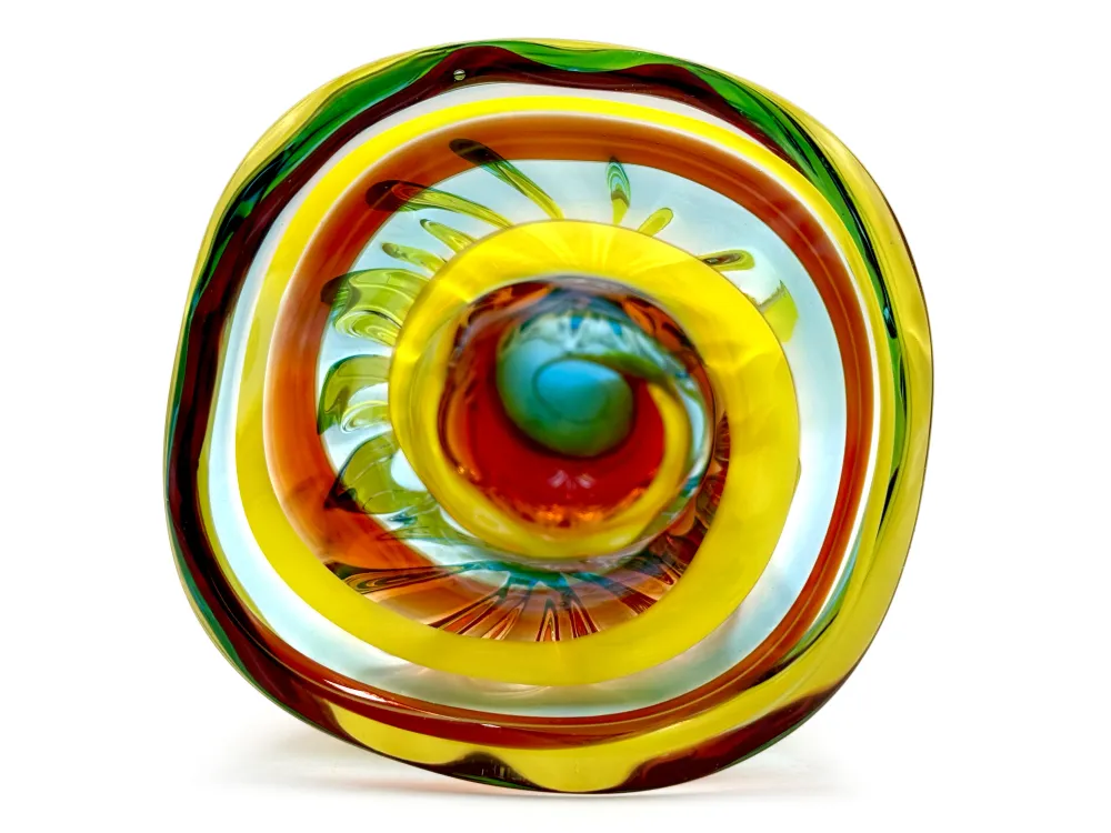 Vase en verre d'art Tatsumi Glass (Japon), 21,6 cm, bleu/rouge/jaune