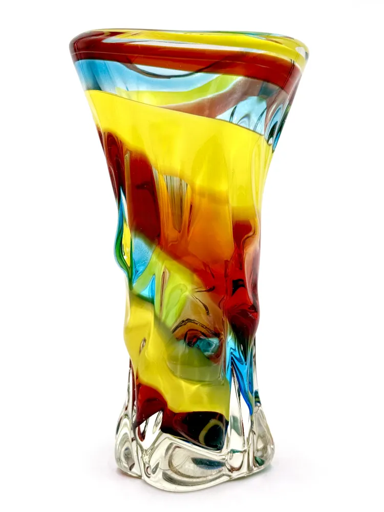 Vase en verre d'art Tatsumi Glass (Japon), 21,6 cm, bleu/rouge/jaune