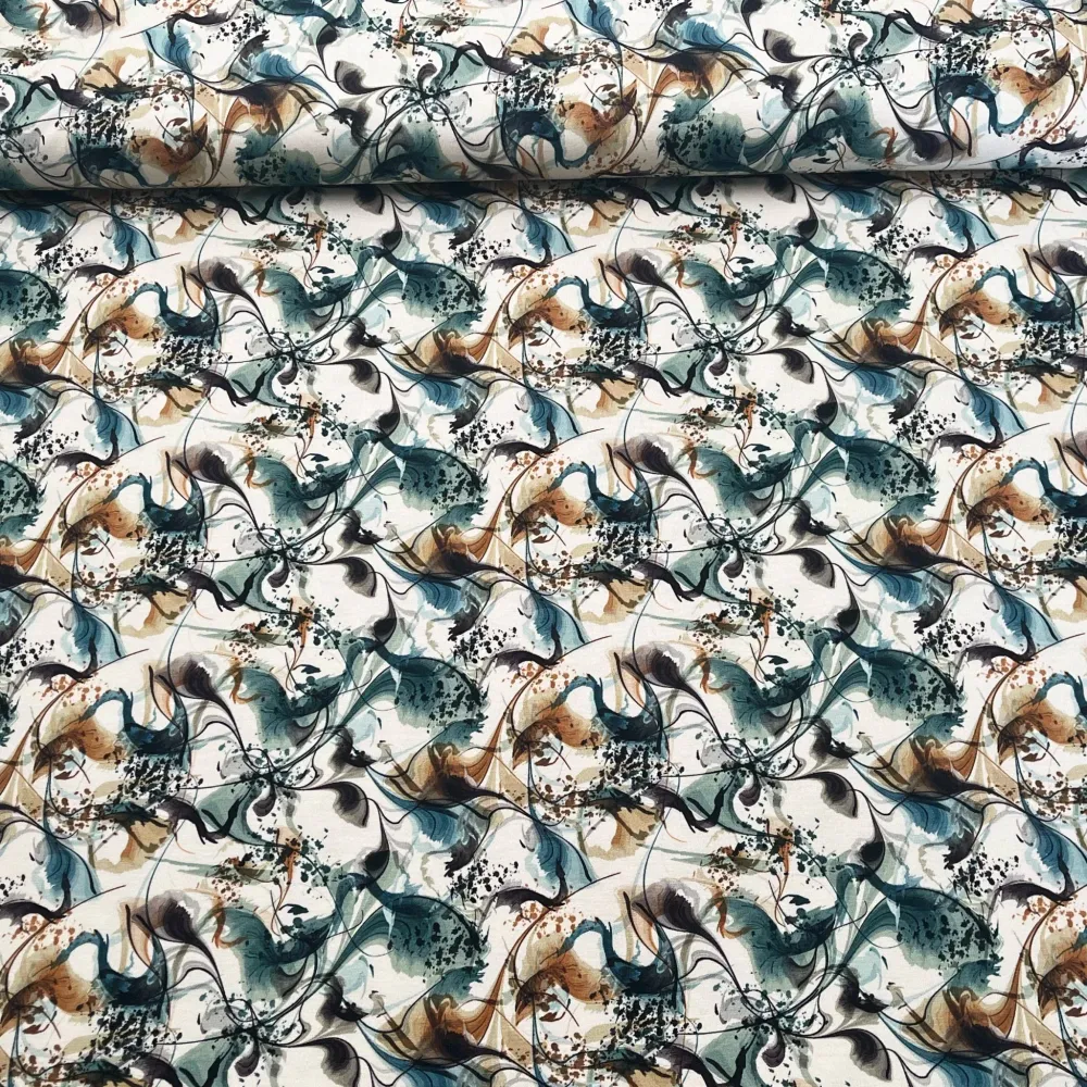 Tissu jersey de coton abstrait bleu et marron