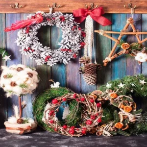 Toile de fond décors de Noël en bois coloré de guirlande