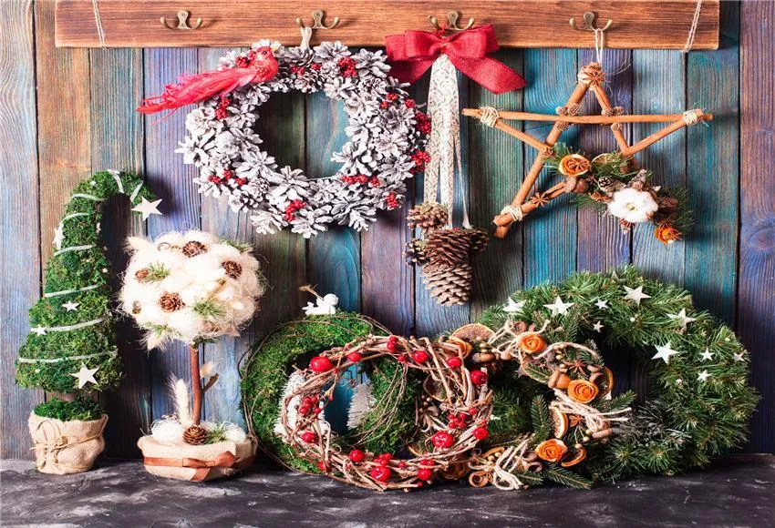 Toile de fond décors de Noël en bois coloré de guirlande