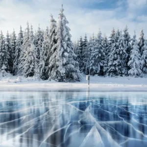 Toile de fond d'hiver neige rivière glace pays des merveilles êt de pins pour les photos