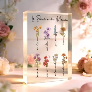 Toujours en fleur – Bloc acrylique personnalisé avec fleurs et prénoms pour Maman et Mamie