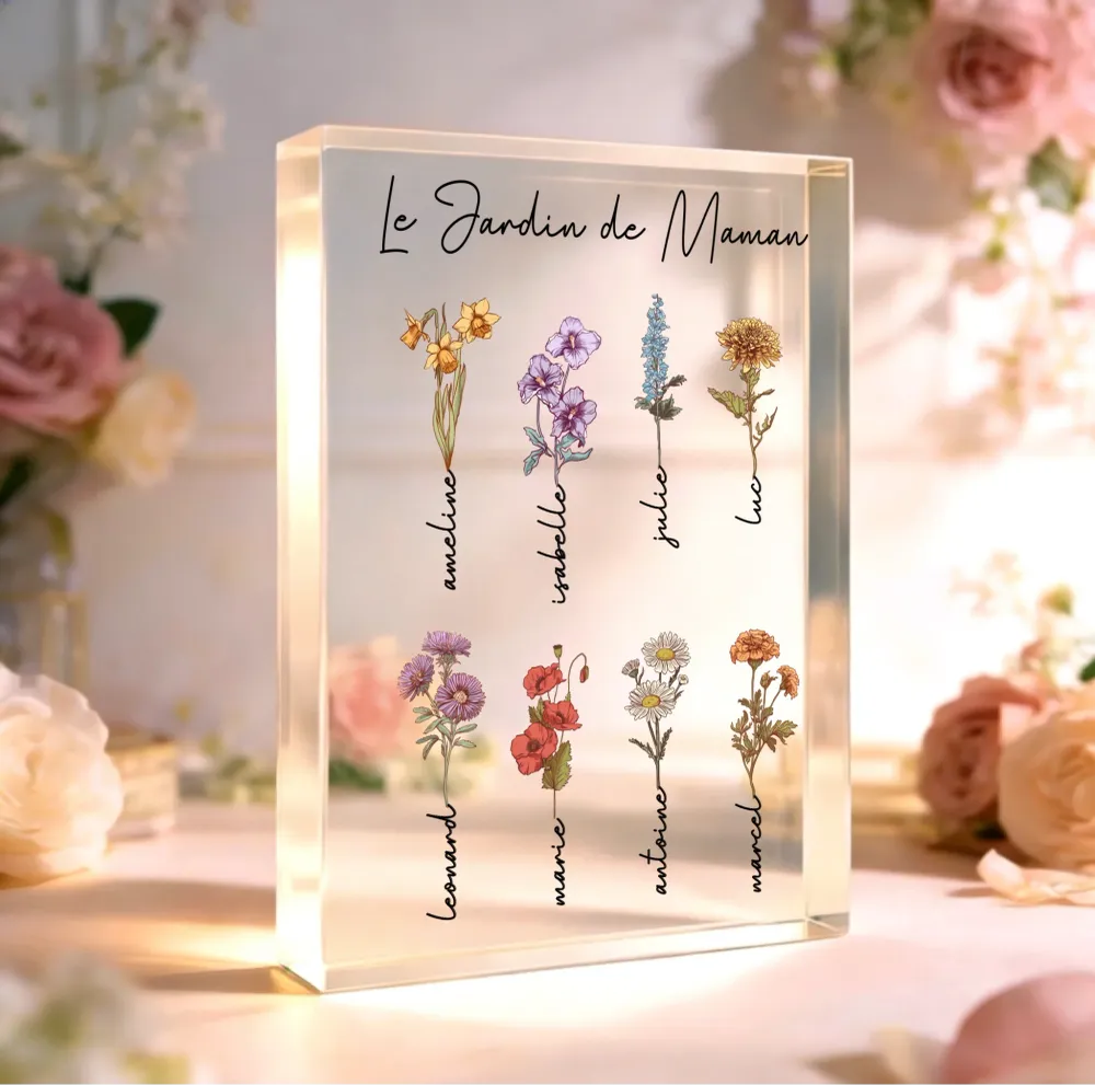 Toujours en fleur – Bloc acrylique personnalisé avec fleurs et prénoms pour Maman et Mamie