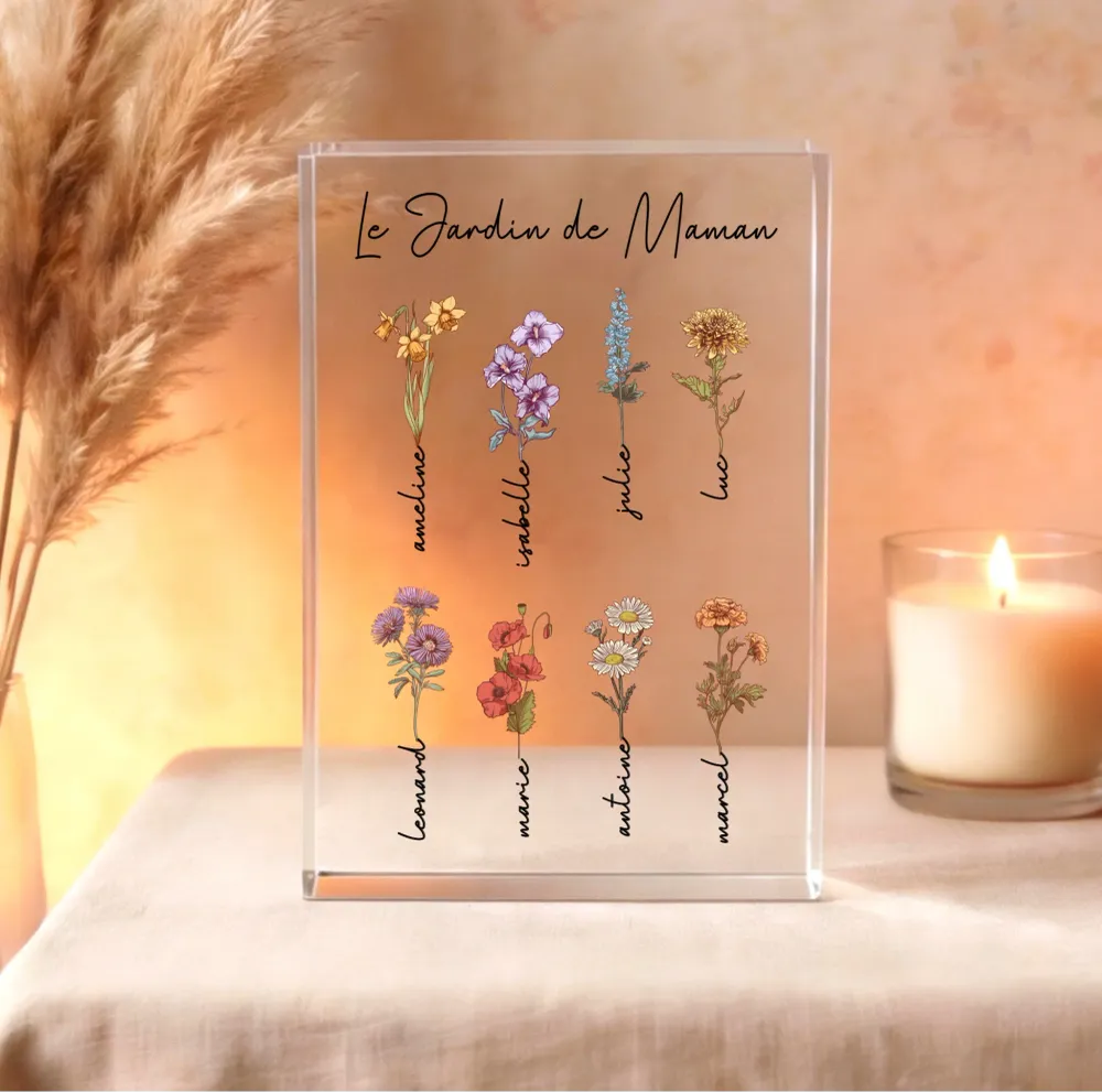 Toujours en fleur – Bloc acrylique personnalisé avec fleurs et prénoms pour Maman et Mamie
