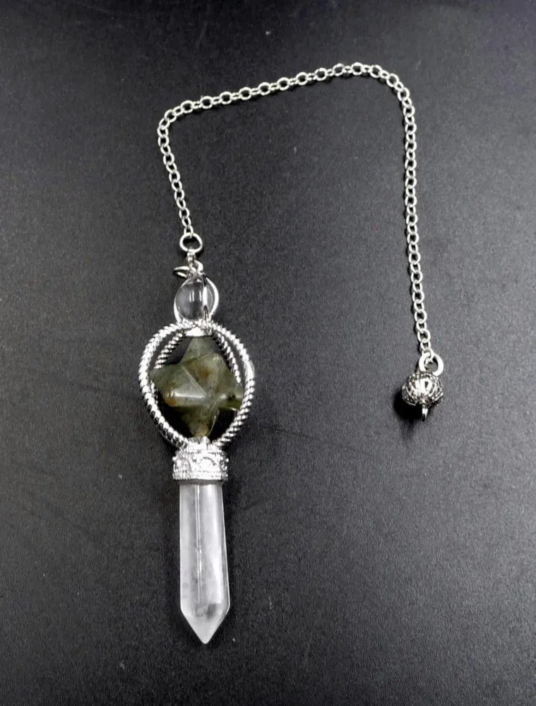 Pendule Merkaba en Cristal de Roche du Brésil et Labradorite du Canada vendor-unknown