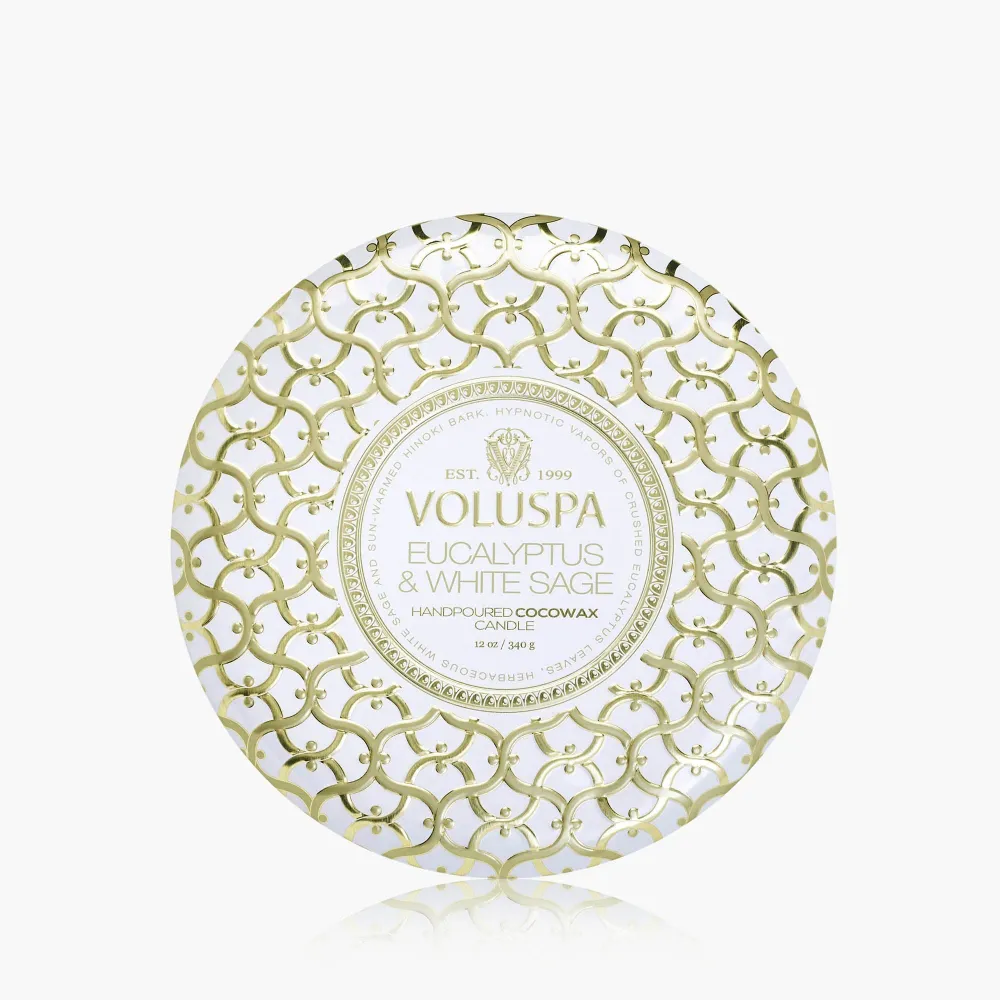 Voluspa Bougie Parfumée à 3 Mèches Eucalyptus & White Sage | Boîte avec Couvercle