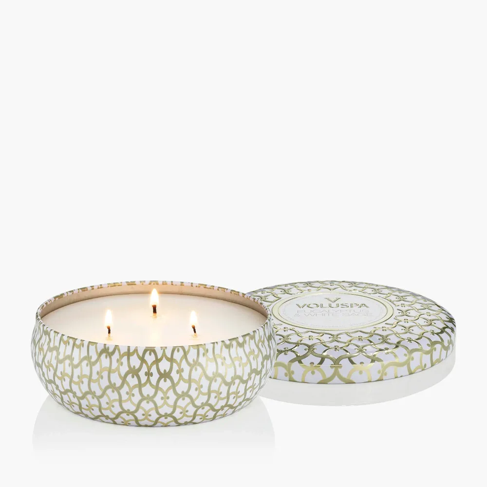 Voluspa Bougie Parfumée à 3 Mèches Eucalyptus & White Sage | Boîte avec Couvercle