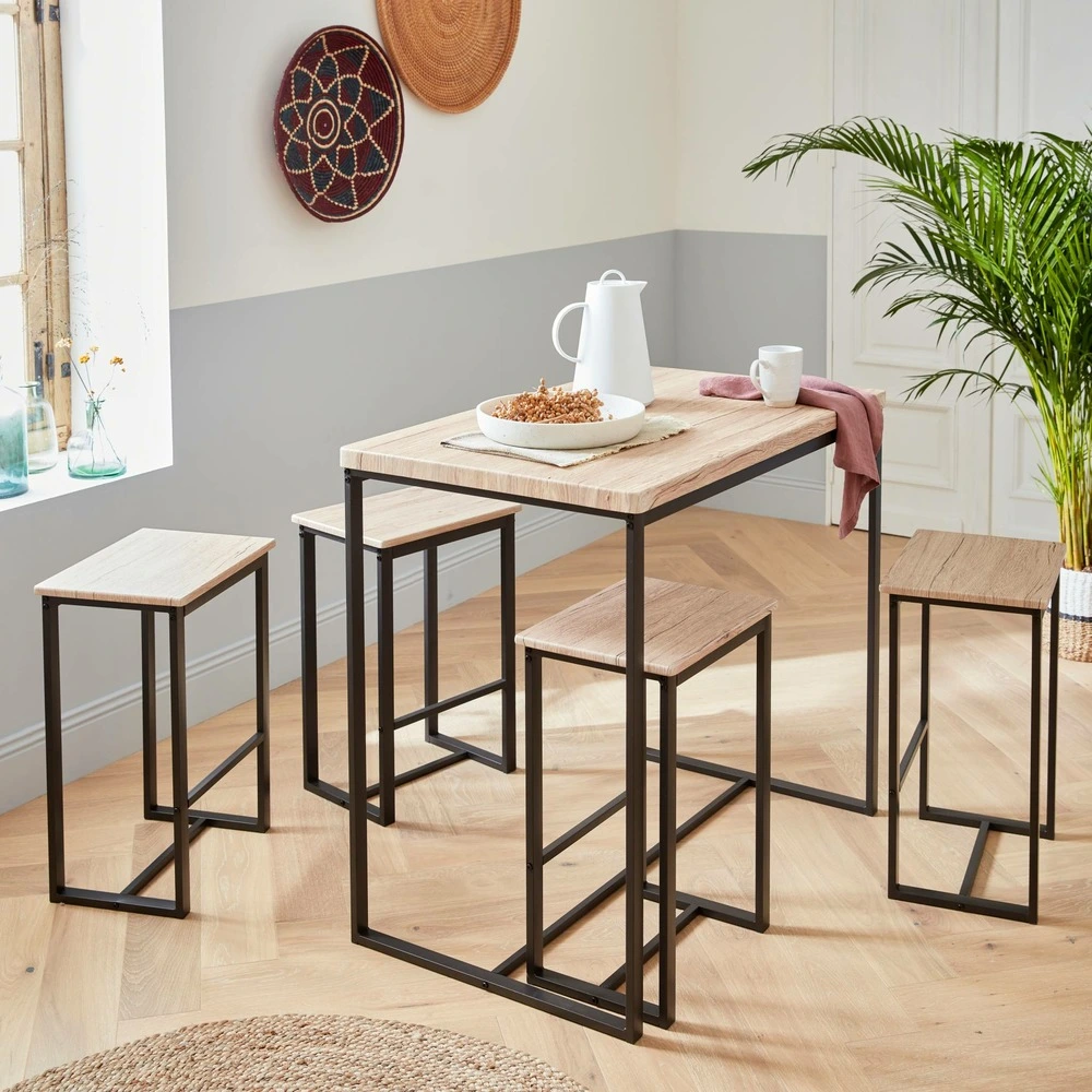 Four combiné Set table haute rectangulaire loft avec 4 tabourets de bar. Acier et décor bois. Encastrable. Design