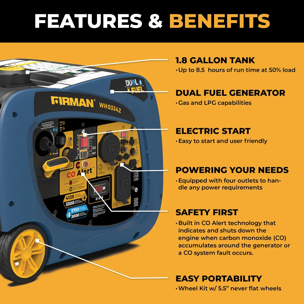 Dual Fuel Inverter Déplaçable Generator 4125W Electric Start CO ALERT avec éclairage intérieur
