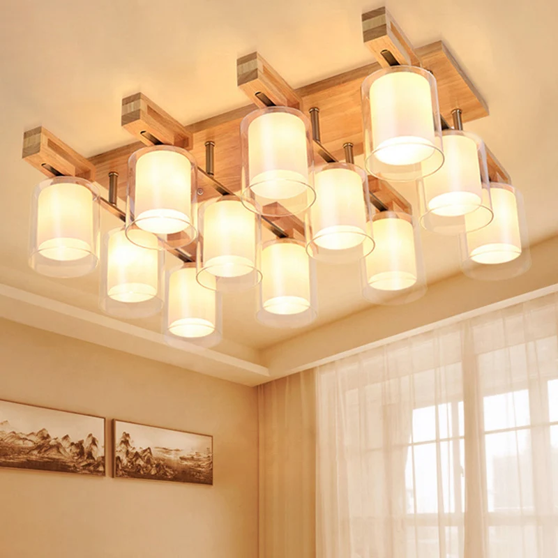 Lustre de plafond cylindrique en bois, semi-encastré, en verre, Doublement couche, simple, pour salon