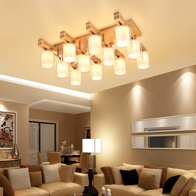 Lustre de plafond cylindrique en bois, semi-encastré, en verre, Doublement couche, simple, pour salon