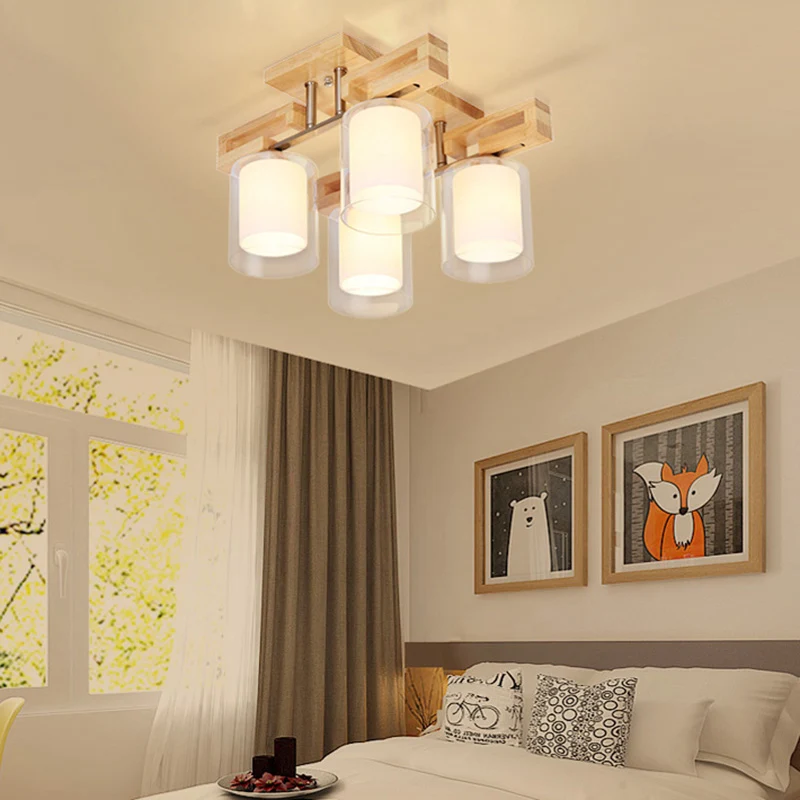 Lustre de plafond cylindrique en bois, semi-encastré, en verre, Doublement couche, simple, pour salon