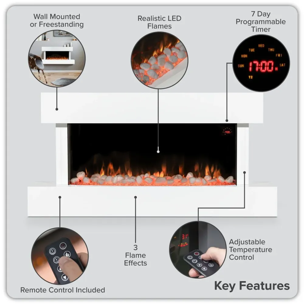 Four encastrable Sealey DH113 Baridi Wall Mounting Electric Fireplace LED Flame Effect 46" Blanc pur