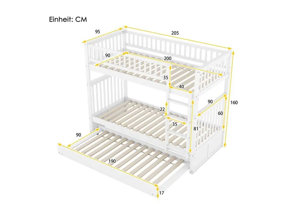 Lit superposé 90x200cm avec 1 lit gigogne 90x190cm, avec garde-corps haut escalier équilibré, anti-chutes, blanc