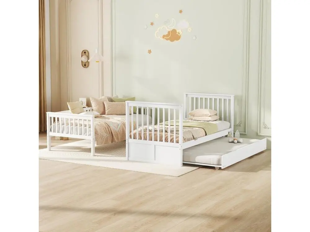 Lit superposé 90x200cm avec 1 lit gigogne 90x190cm, avec garde-corps haut escalier équilibré, anti-chutes, blanc
