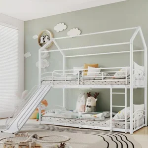 Professionnel Lit superposé 90x200cm - lit cabane d'enfant avec escalier et échelle à angle droit, toboggan - cadre e...