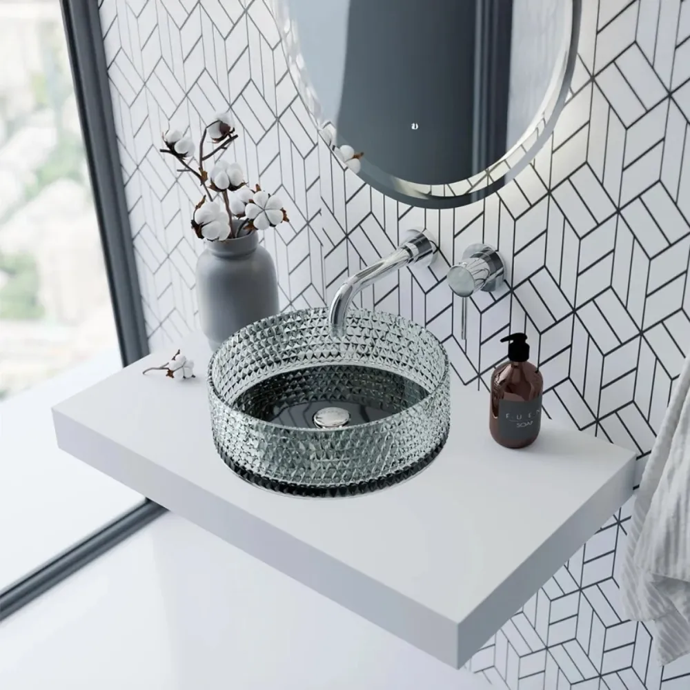 Lavabo en verre avec base noire pour maison neuve