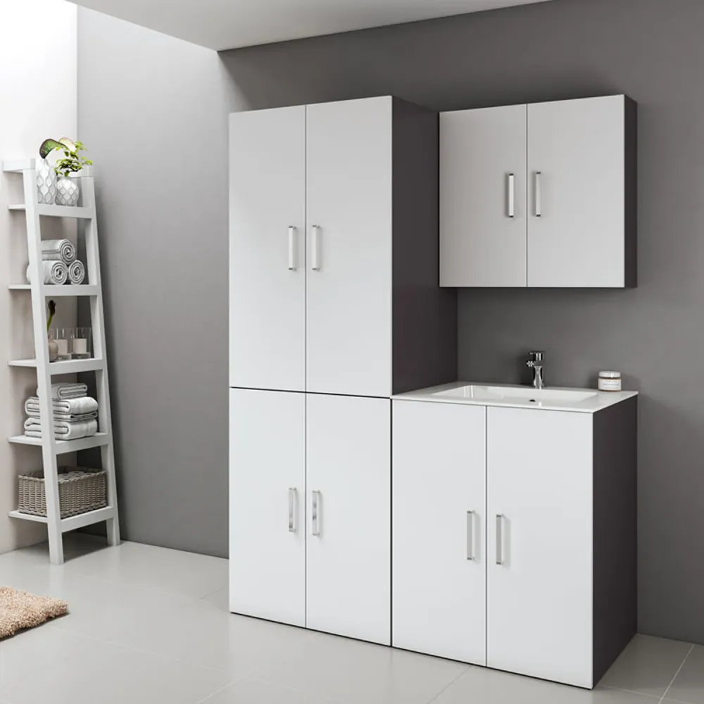 Compact Composition Meubles Buanderie Area51-01 avec évier et modules lave-linge et sèche-linge - Blanc Laqué Mat