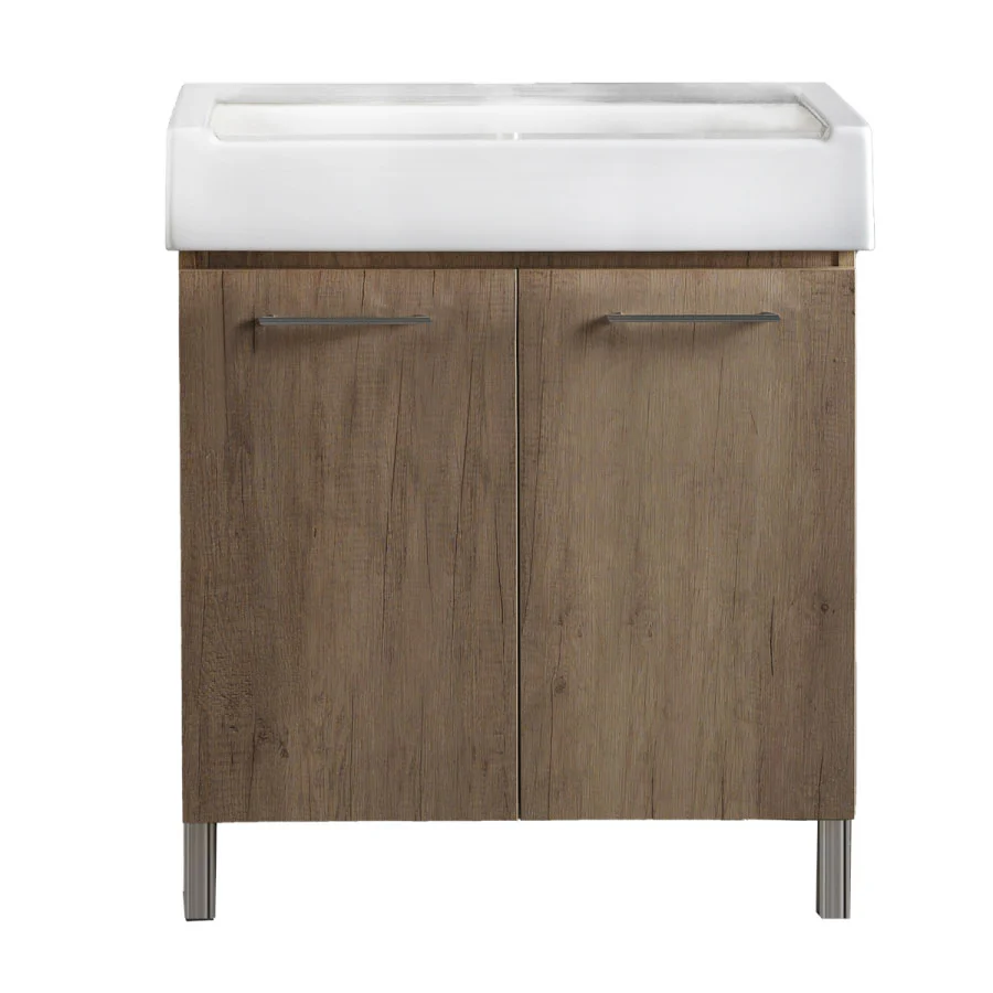 Connecté Lave-linge mobile 2 portes en matériau mélaminé avec lavabo en céramique et pieds ABS chromés. Variante Orme Mont...