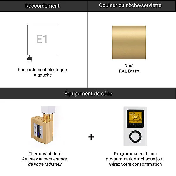 Sèche-serviette électrique paramétrable doré - HxL 1860x586 mm - 1000 Watt - LEN1860/586E1BRAP